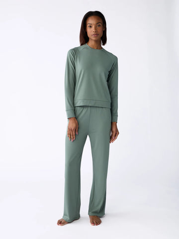 Women's Brushed Bamboo Wide Leg Pull On Pant & Pullover Crew Set
